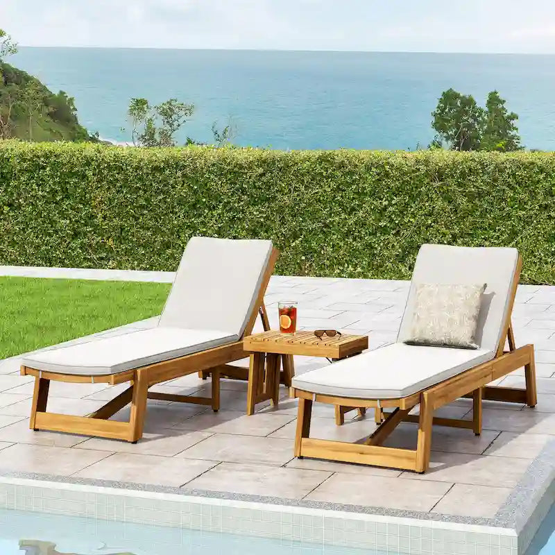 Kyoto Outdoor Acacia Wood 3 Piece Chaise Lounge Set with Water-Resistant Cushions by Christopher Knight Home