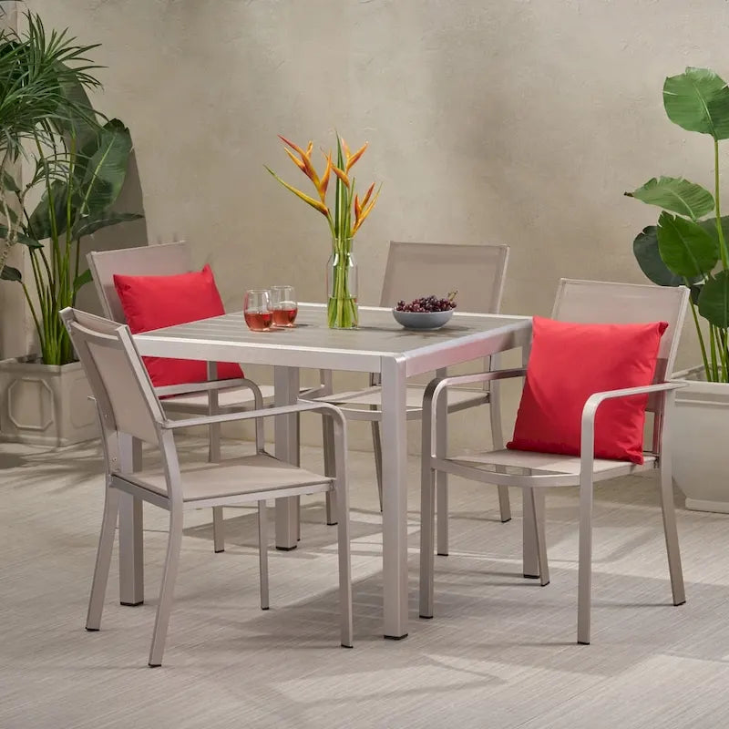 Boris Outdoor Modern 4 Seater Aluminum Dining Set with Faux Wood Table Top by Christopher Knight Home