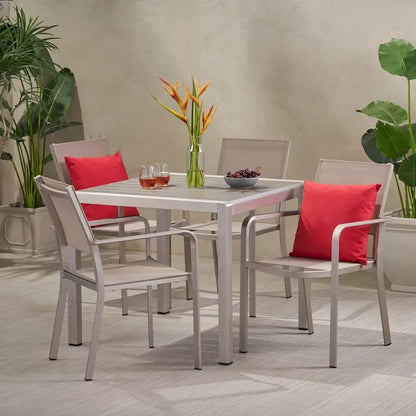 Boris Outdoor Modern 4 Seater Aluminum Dining Set with Faux Wood Table Top by Christopher Knight Home