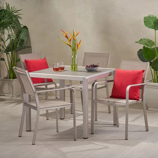 Boris Outdoor Modern 4 Seater Aluminum Dining Set with Faux Wood Table Top by Christopher Knight Home