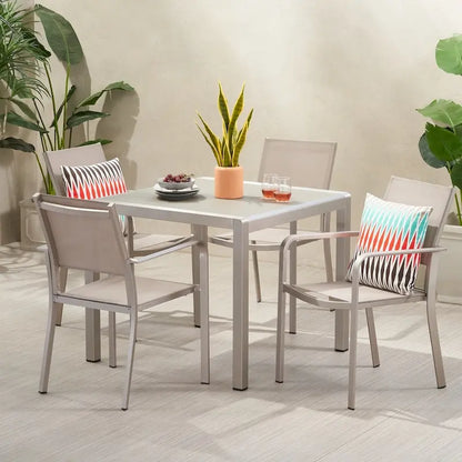 Boris Outdoor Modern 4 Seater Aluminum Dining Set with Faux Wood Table Top by Christopher Knight Home