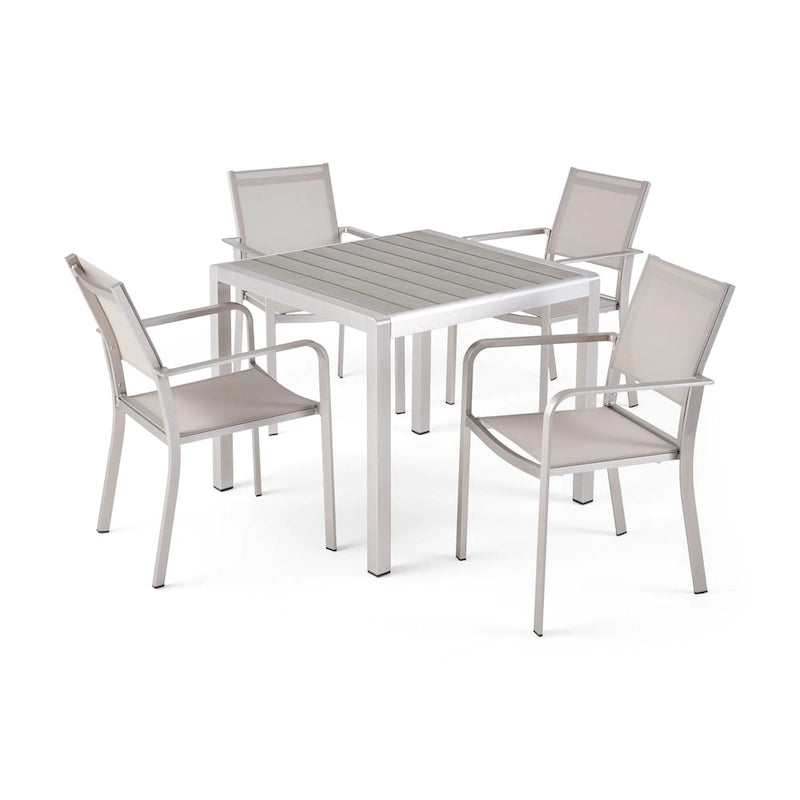 Boris Outdoor Modern 4 Seater Aluminum Dining Set with Faux Wood Table Top by Christopher Knight Home