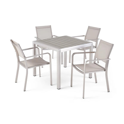 Boris Outdoor Modern 4 Seater Aluminum Dining Set with Faux Wood Table Top by Christopher Knight Home