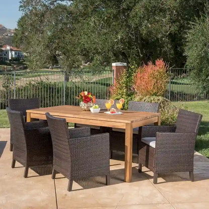 Cobalt Outdoor Wicker Wood Expandable Rectangle Dining Set with Cushions by Christopher Knight Home