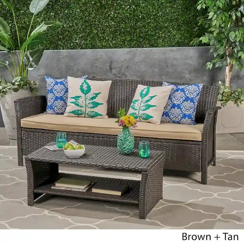 St. Lucia Outdoor 3-Seater Wicker Sofa with Coffee Table by Christopher Knight Home