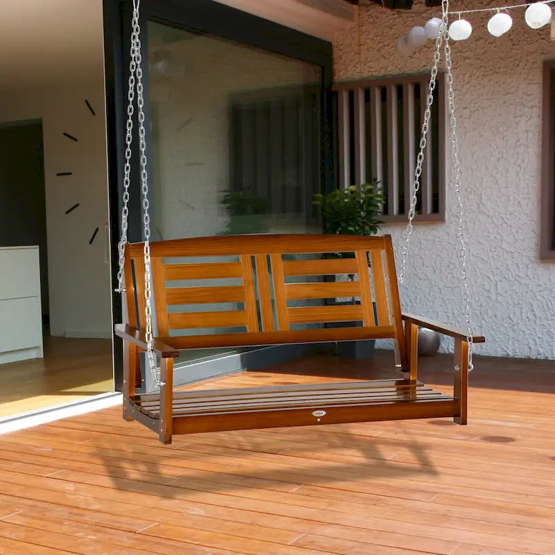 Outsunny 2-Person Outdoor Patio Swing Chair with Pine Wood Frame and Wide Backrest for Patio and Yard, 47  x 27  x 25 , Teak