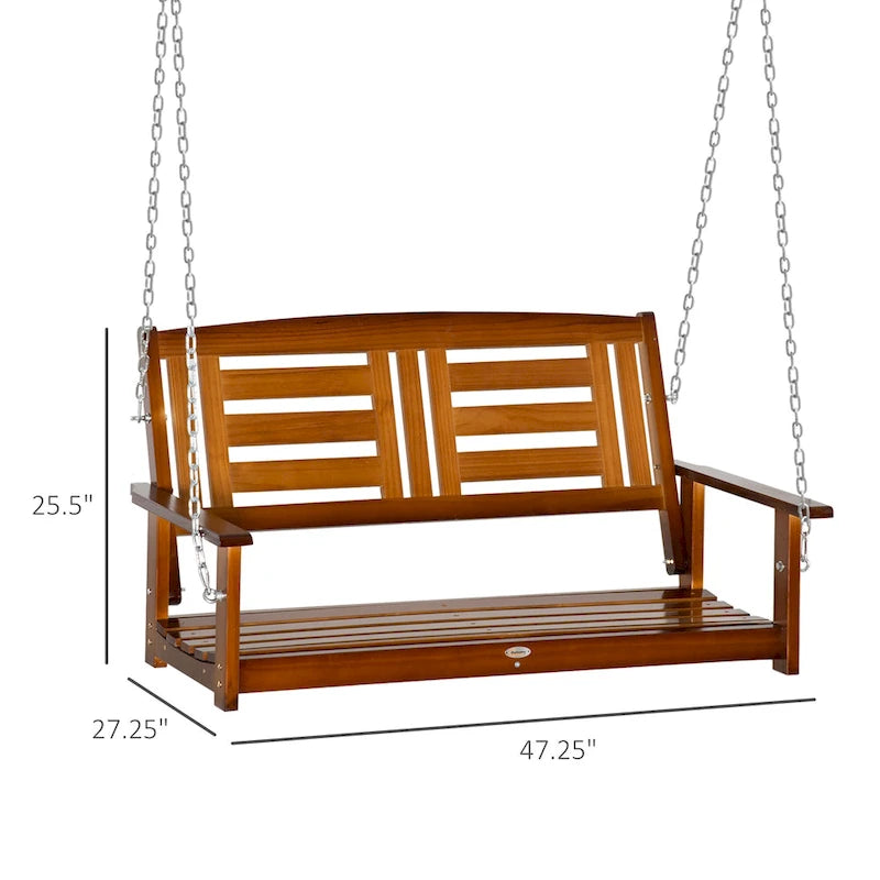 Outsunny 2-Person Outdoor Patio Swing Chair with Pine Wood Frame and Wide Backrest for Patio and Yard, 47  x 27  x 25 , Teak