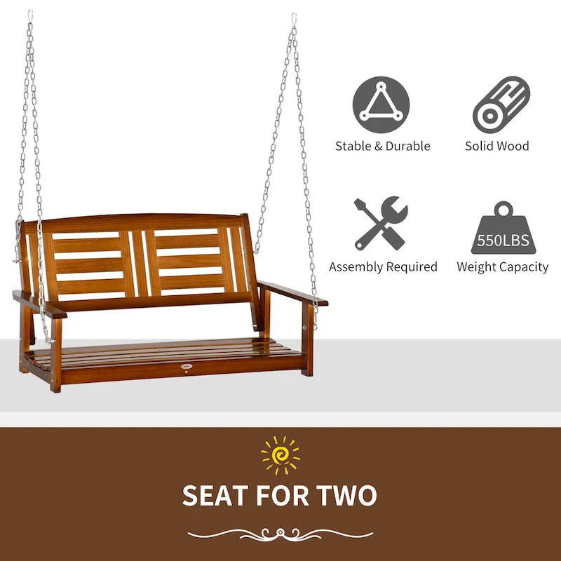 Outsunny 2-Person Outdoor Patio Swing Chair with Pine Wood Frame and Wide Backrest for Patio and Yard, 47  x 27  x 25 , Teak