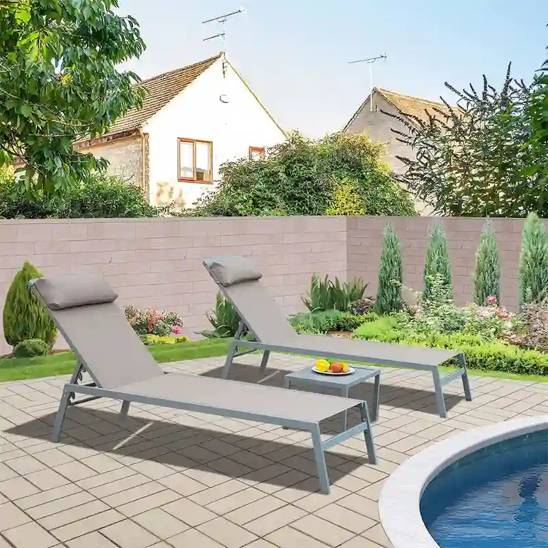 Patio Chaise Lounge Set of 3, Aluminum Lounge Chairs with 5 Adjustable Positions, Outdoor Chaise Lounge