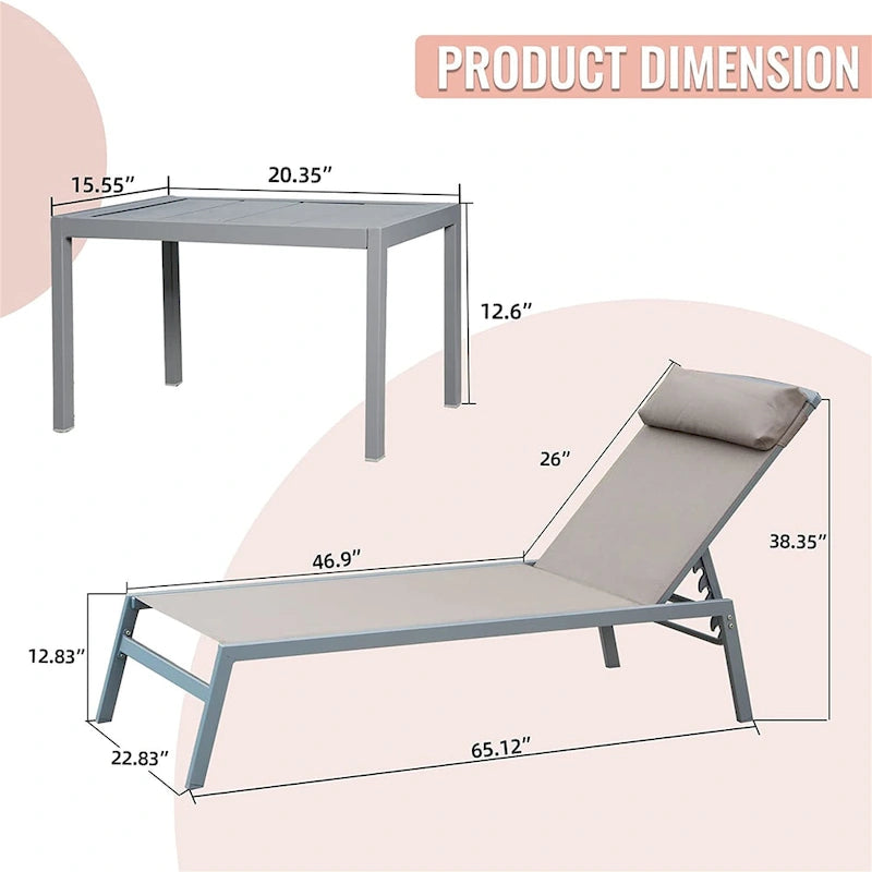 Patio Chaise Lounge Set of 3, Aluminum Lounge Chairs with 5 Adjustable Positions, Outdoor Chaise Lounge