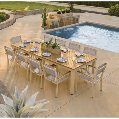 Oxford Garden Travira 11-piece 103-in x 42-in Tekwood Natural Table & Sling Armchair Dining Set - Bellows Sling