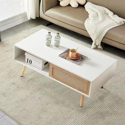 Rattan Coffee Table,Accent Table,Sliding Woven Door&Solid Wood Legs - 41.34 L x 21.65 W x 16.34H