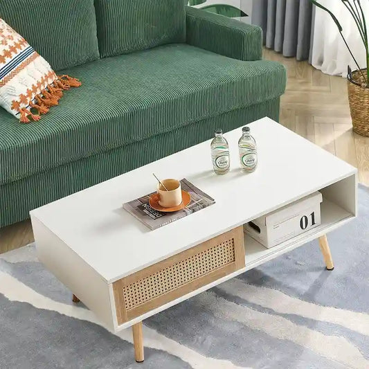 Rattan Coffee Table,Accent Table,Sliding Woven Door&Solid Wood Legs - 41.34 L x 21.65 W x 16.34H