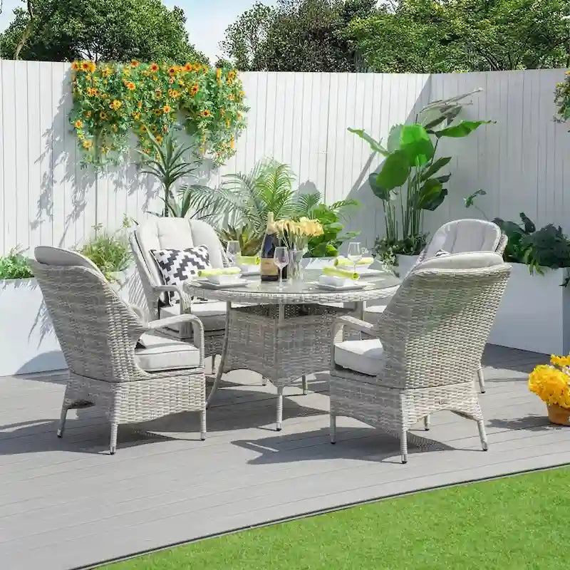 Moda 5-Piece Patio Wicker Round Dining Table Set with Cushions