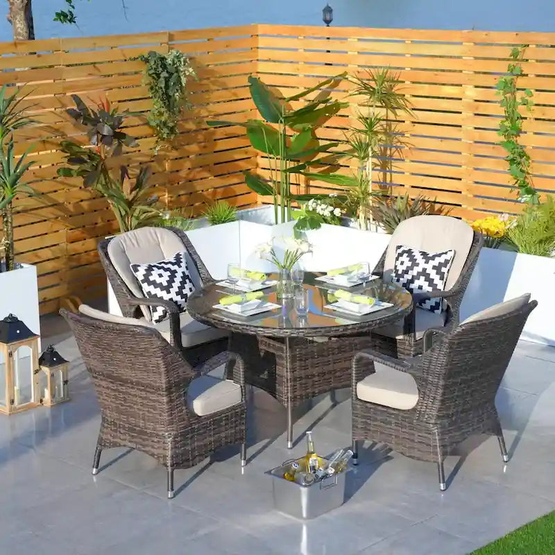 Moda 5-Piece Patio Wicker Round Dining Table Set with Cushions