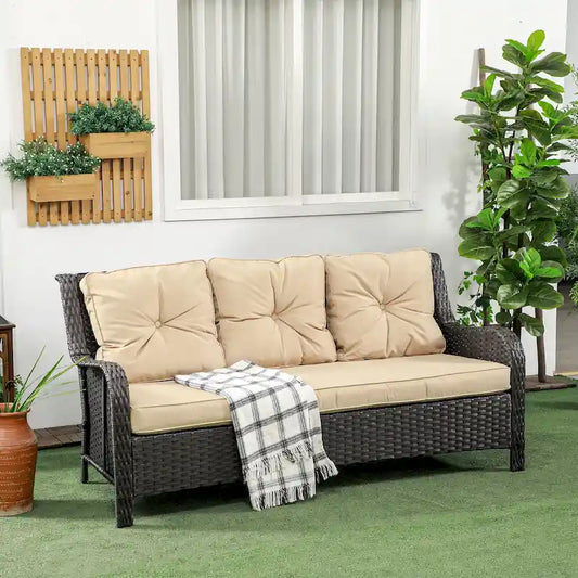 Outsunny 3-Seater Outdoor Sofa with 4  Thick Padded Cushions, PE Rattan Patio Outdoor Couch with Curved Armrests for Sunroom