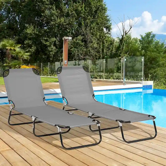 Outsunny 2 Piece Folding Chaise Lounge Pool Chairs, Outdoor Sun Tanning Chairs with 5-Level Reclining Back - Grey