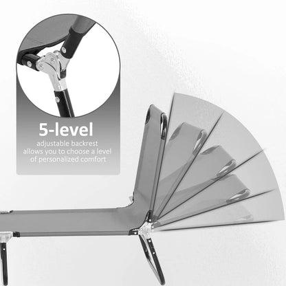 Outsunny 2 Piece Folding Chaise Lounge Pool Chairs, Outdoor Sun Tanning Chairs with 5-Level Reclining Back - Grey