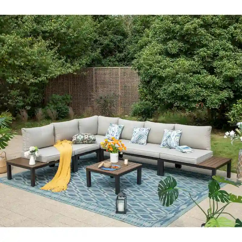MAISON ARTS Outdoor 6-Piece Patio Sectional sofa set, E-coating Steel frame Conversation Sets with Grey Cushion - 6-Seat