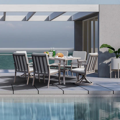 EGEIROS LIFE AluLux 7-Piece Aluminum Patio Dining Set with 2 Swivel Dining Chairs, 4 Dining Chairs and Washable Cushions