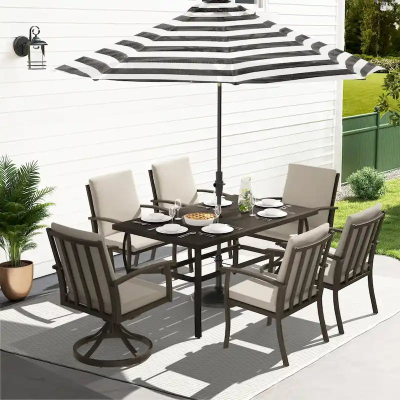 EGEIROS LIFE AluLux 7-Piece Aluminum Patio Dining Set with 2 Swivel Dining Chairs, 4 Dining Chairs and Washable Cushions