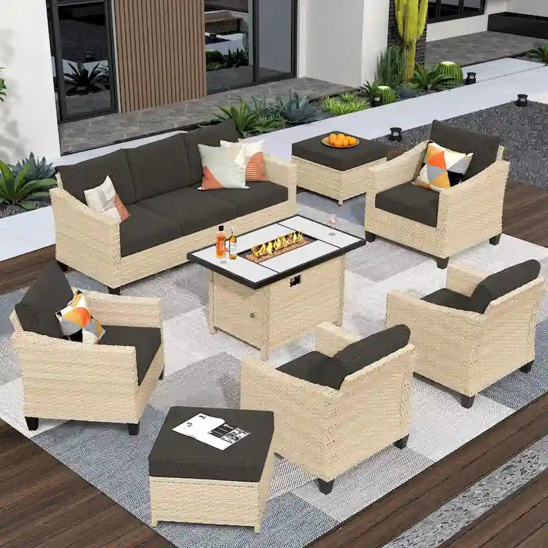 HOOOWOOO 8-piece Wicker Patio Furniture Conversation Set with Fire Pit Table