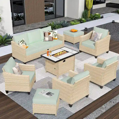 HOOOWOOO 8-piece Wicker Patio Furniture Conversation Set with Fire Pit Table