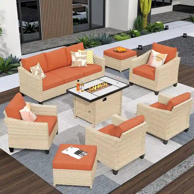 HOOOWOOO 8-piece Wicker Patio Furniture Conversation Set with Fire Pit Table