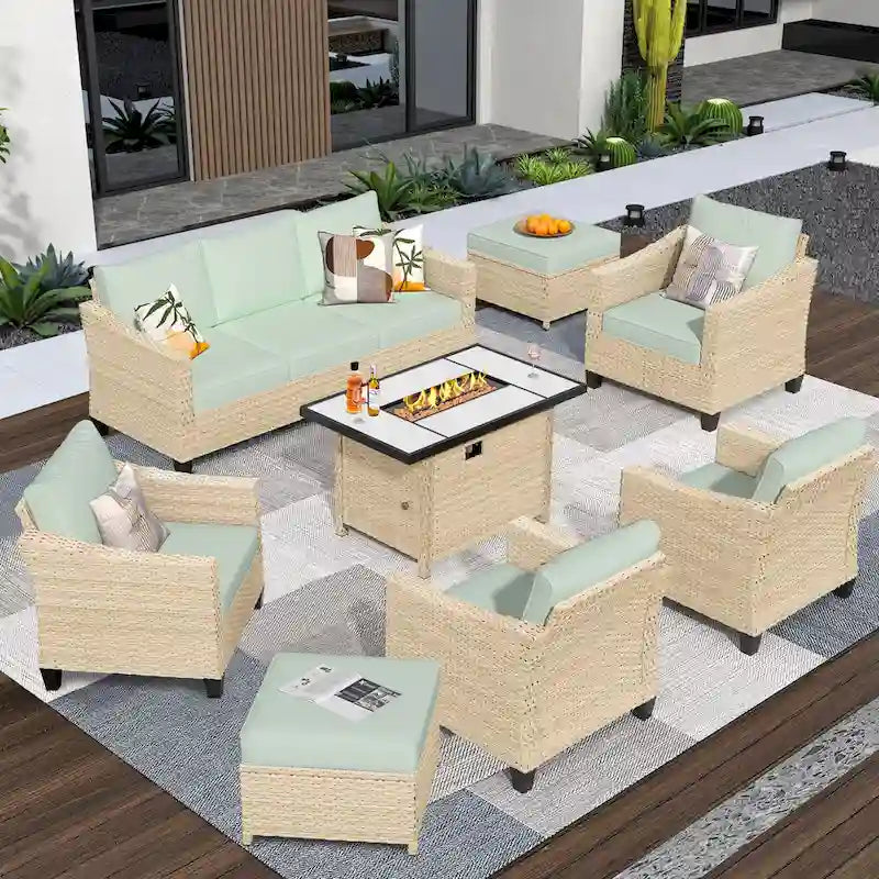 HOOOWOOO 8-piece Wicker Patio Furniture Conversation Set with Fire Pit Table