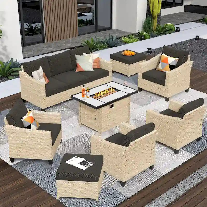 HOOOWOOO 8-piece Wicker Patio Furniture Conversation Set with Fire Pit Table