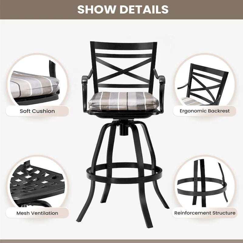 Outdoor Patio Bar Stools Aluminum Swivel Bar Chair with Sunbrella Cushion - 21.7 in W x 16.5 in D x 46 in H