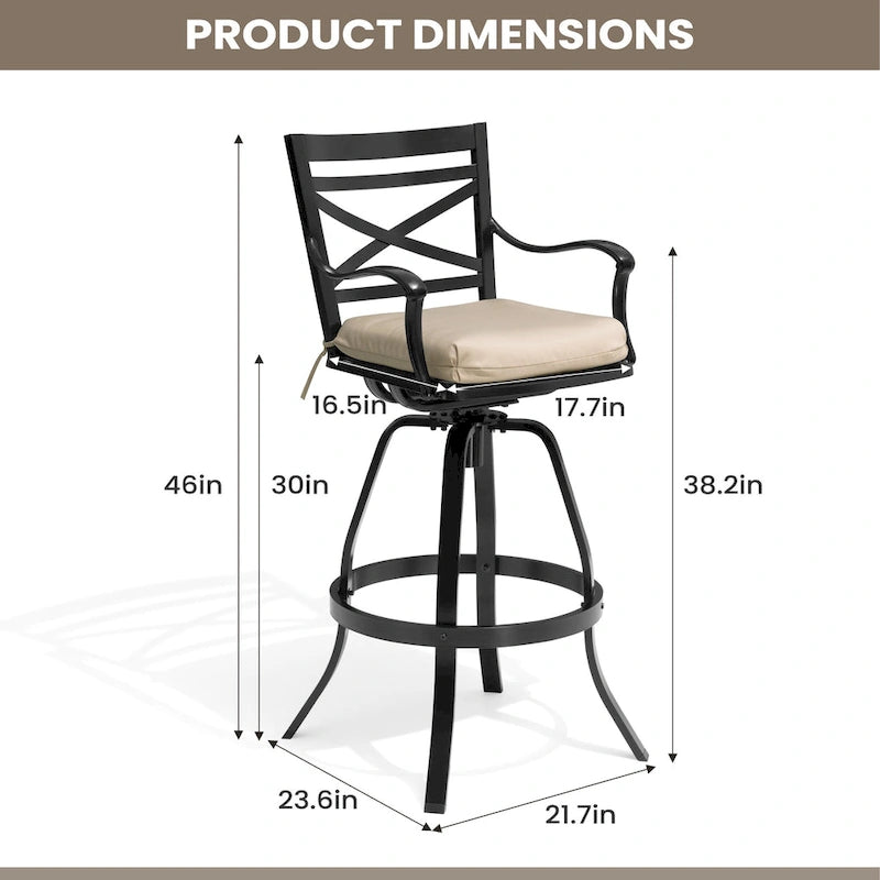 Outdoor Patio Bar Stools Aluminum Swivel Bar Chair with Sunbrella Cushion - 21.7 in W x 16.5 in D x 46 in H