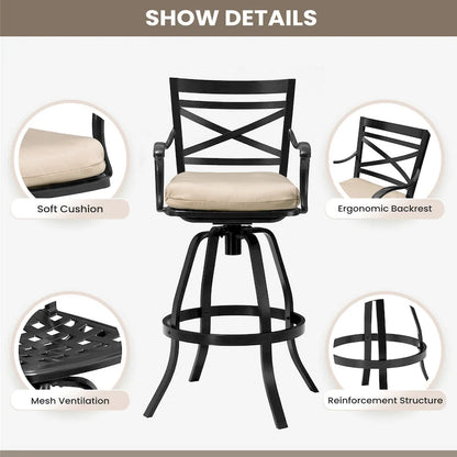 Outdoor Patio Bar Stools Aluminum Swivel Bar Chair with Sunbrella Cushion - 21.7 in W x 16.5 in D x 46 in H