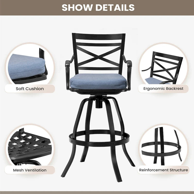 Outdoor Patio Bar Stools Aluminum Swivel Bar Chair with Sunbrella Cushion - 21.7 in W x 16.5 in D x 46 in H