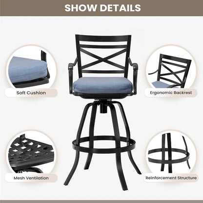 Outdoor Patio Bar Stools Aluminum Swivel Bar Chair with Sunbrella Cushion - 21.7 in W x 16.5 in D x 46 in H
