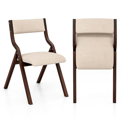 2PCS Folding Dining Chair Wooden Upholstered Linen Fabric Padded Seat
