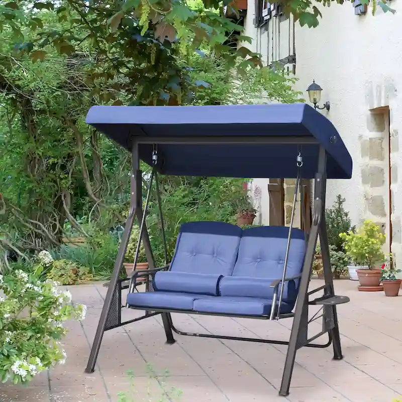 Outsunny 2-Person Patio Swing Chair Outdoor Canopy Swing with Adjustable Shade, Soft Cushions, Throw Pillows and Tray
