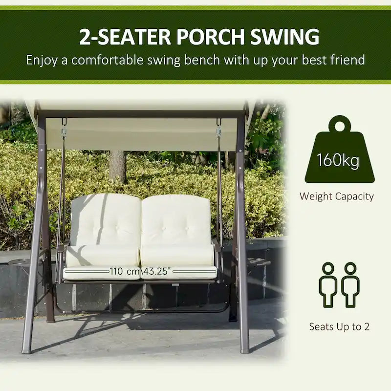 Outsunny 2-Person Patio Swing Chair Outdoor Canopy Swing with Adjustable Shade, Soft Cushions, Throw Pillows and Tray