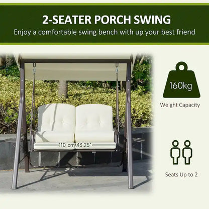 Outsunny 2-Person Patio Swing Chair Outdoor Canopy Swing with Adjustable Shade, Soft Cushions, Throw Pillows and Tray