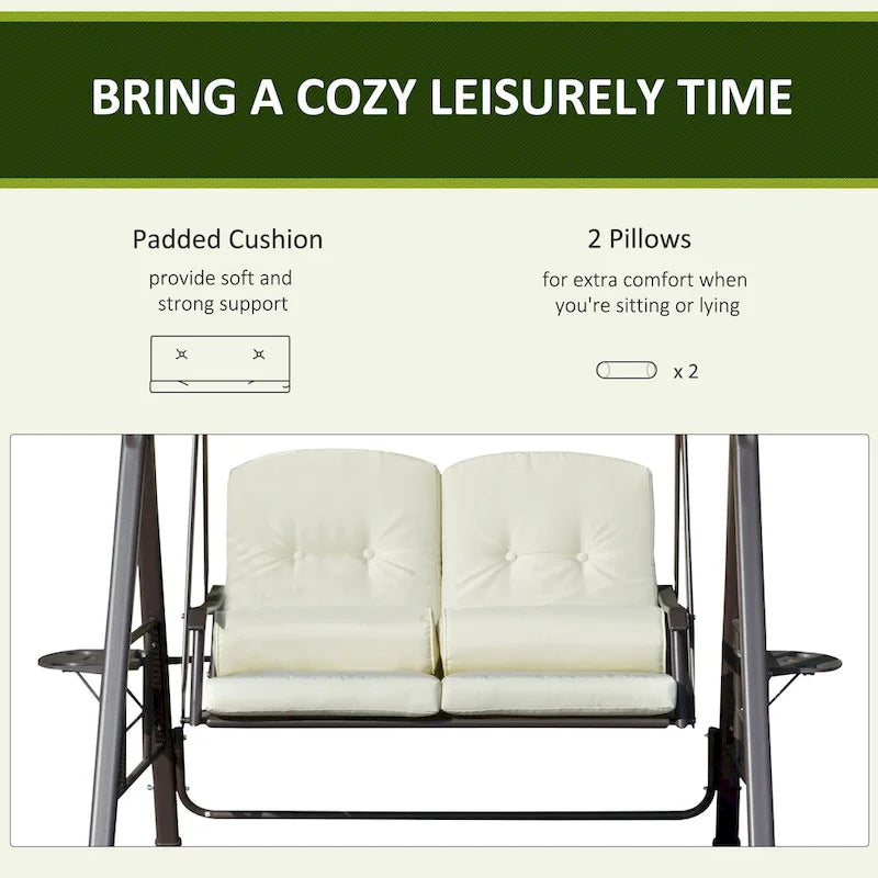 Outsunny 2-Person Patio Swing Chair Outdoor Canopy Swing with Adjustable Shade, Soft Cushions, Throw Pillows and Tray