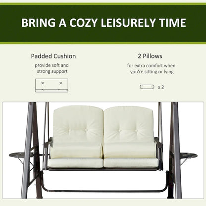 Outsunny 2-Person Patio Swing Chair Outdoor Canopy Swing with Adjustable Shade, Soft Cushions, Throw Pillows and Tray