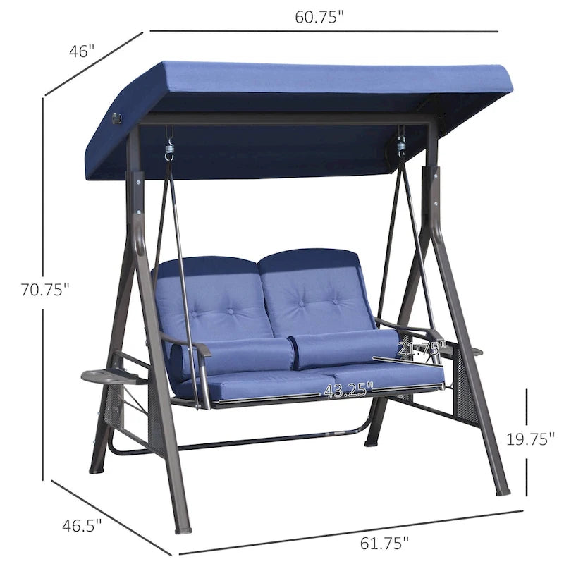 Outsunny 2-Person Patio Swing Chair Outdoor Canopy Swing with Adjustable Shade, Soft Cushions, Throw Pillows and Tray