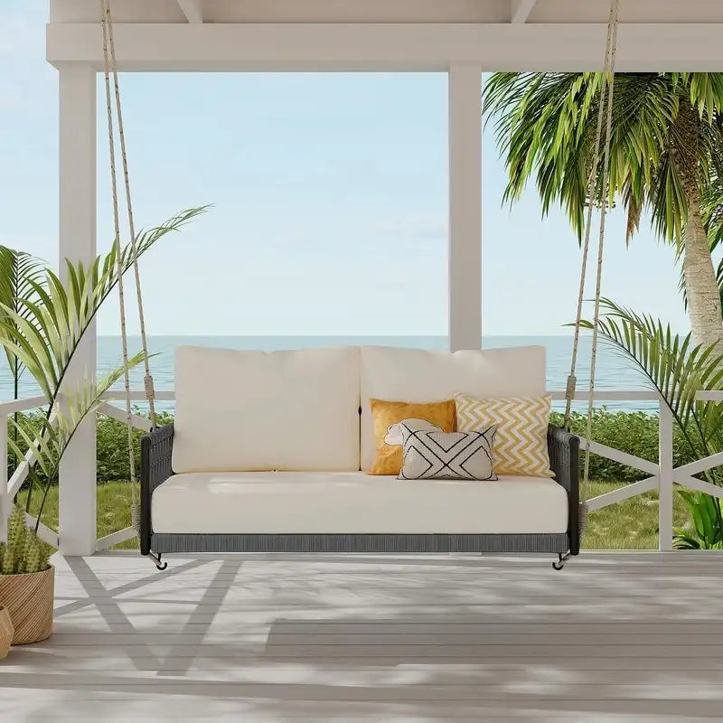 Outdoor Woven Rope Swing Sofa with Soft Cushions