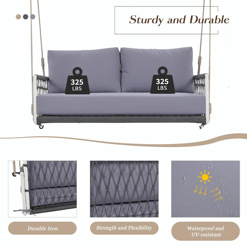 Outdoor Woven Rope Swing Sofa with Soft Cushions