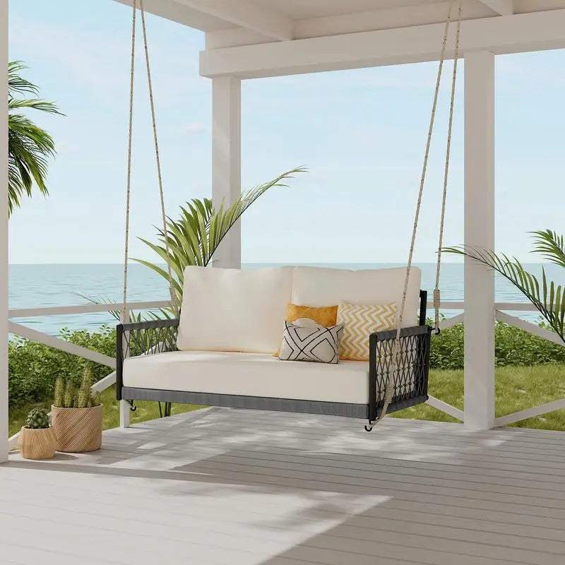 Outdoor Woven Rope Swing Sofa with Soft Cushions