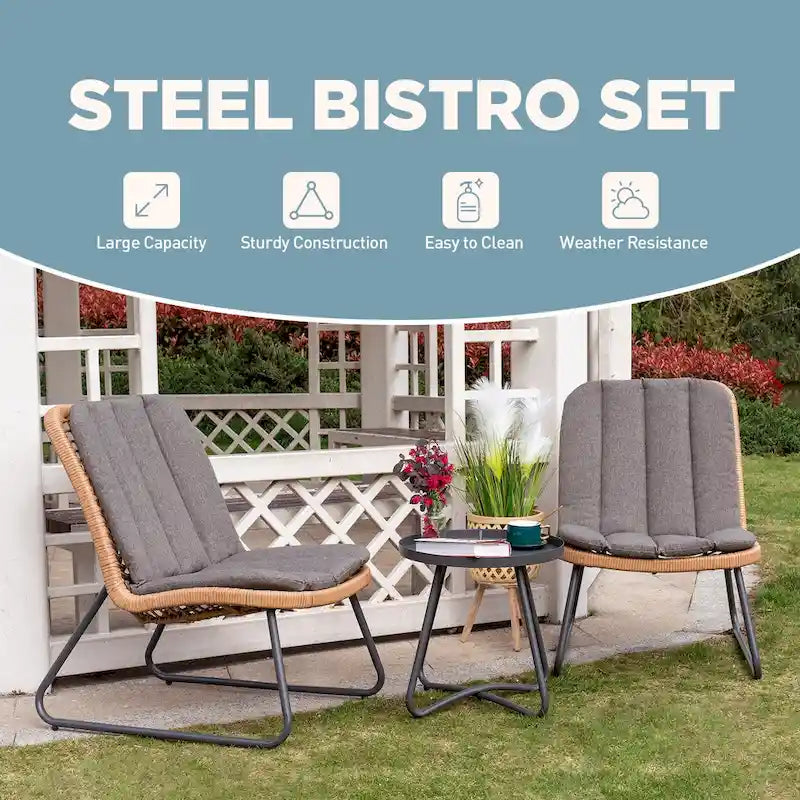 Patio Furniture Sets Rattan Wicker Outdoor Bistro Sets with Cushions (Set of 3) - 23.23 L x 29.53 W x 32.28 H