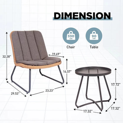 Patio Furniture Sets Rattan Wicker Outdoor Bistro Sets with Cushions (Set of 3) - 23.23 L x 29.53 W x 32.28 H