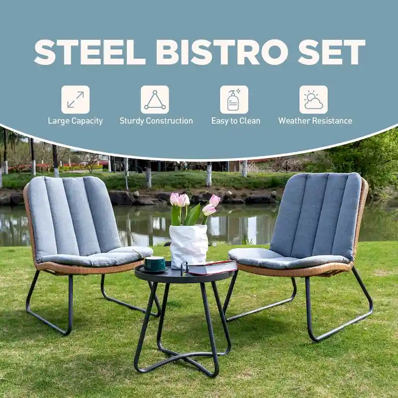 Patio Furniture Sets Rattan Wicker Outdoor Bistro Sets with Cushions (Set of 3) - 23.23 L x 29.53 W x 32.28 H