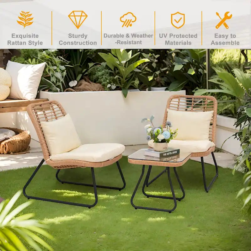 Patio Furniture Sets Rattan Wicker Outdoor Bistro Sets with Cushions (Set of 3) - 23.23 L x 29.53 W x 32.28 H