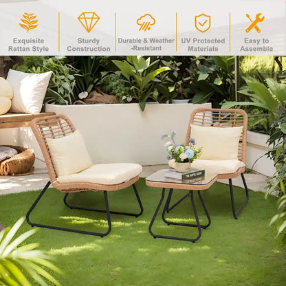 Patio Furniture Sets Rattan Wicker Outdoor Bistro Sets with Cushions (Set of 3) - 23.23 L x 29.53 W x 32.28 H